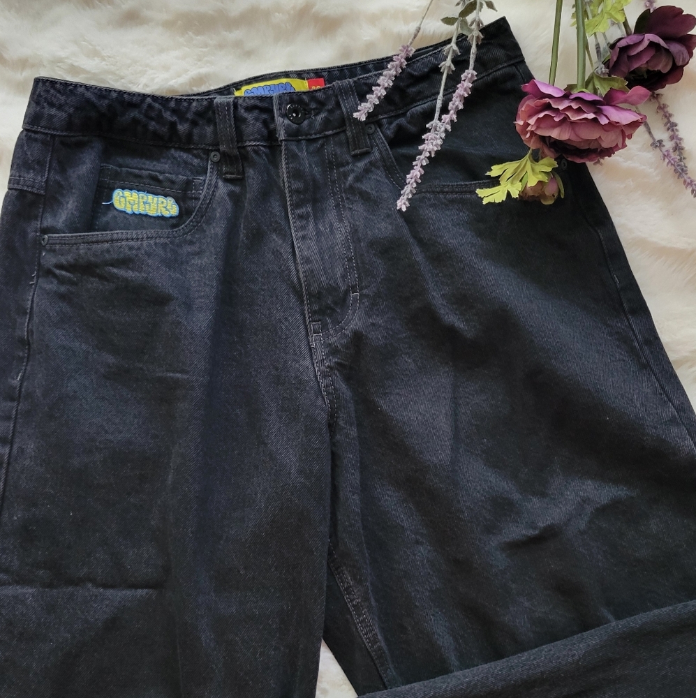 Black Denim Jeans with Embroidered Logo